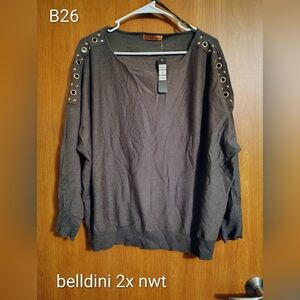 Belldini Gray Crewneck Sweater with Gold Grommet Detail